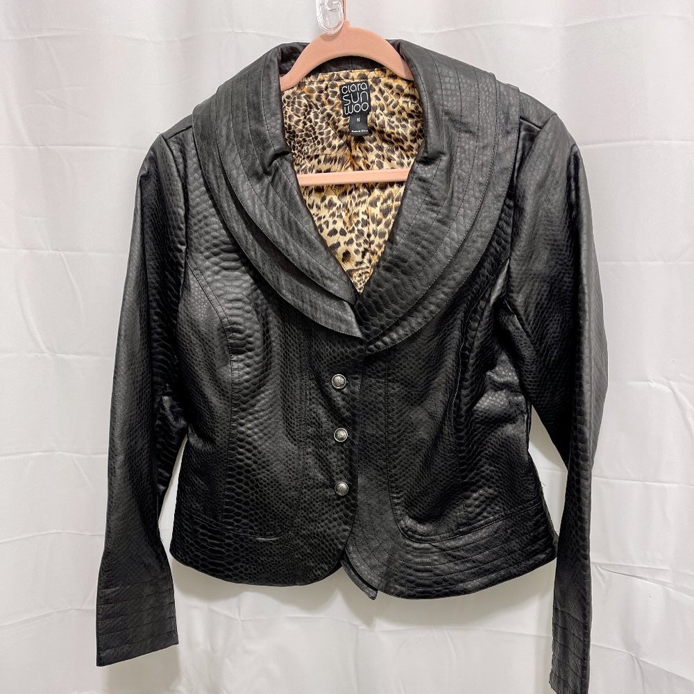 Clara Sun Woo Faux Leather Jacket, Sz M, Black, Animal print lining, Fitted